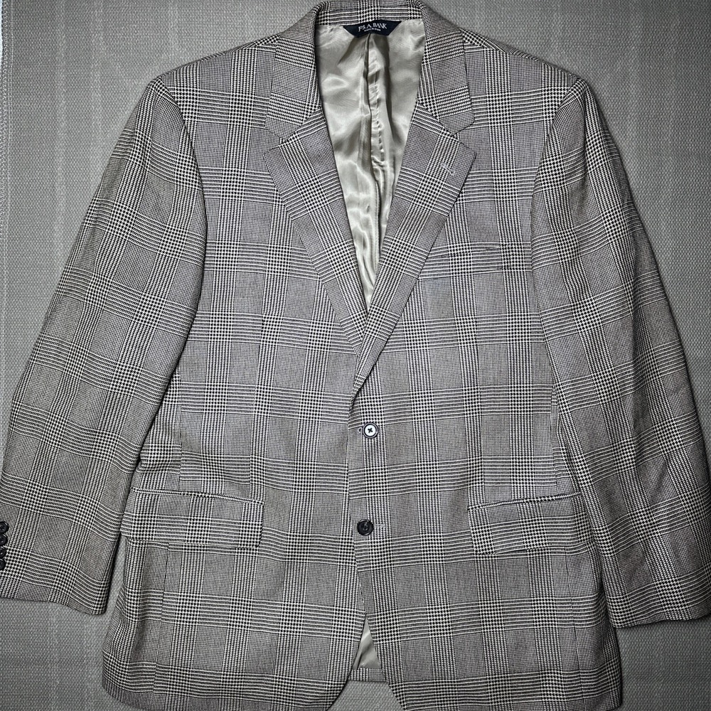 Jos A Bank Silk & Camel Hair Blazer Men's 44R Houndstooth Windowpane Two Button